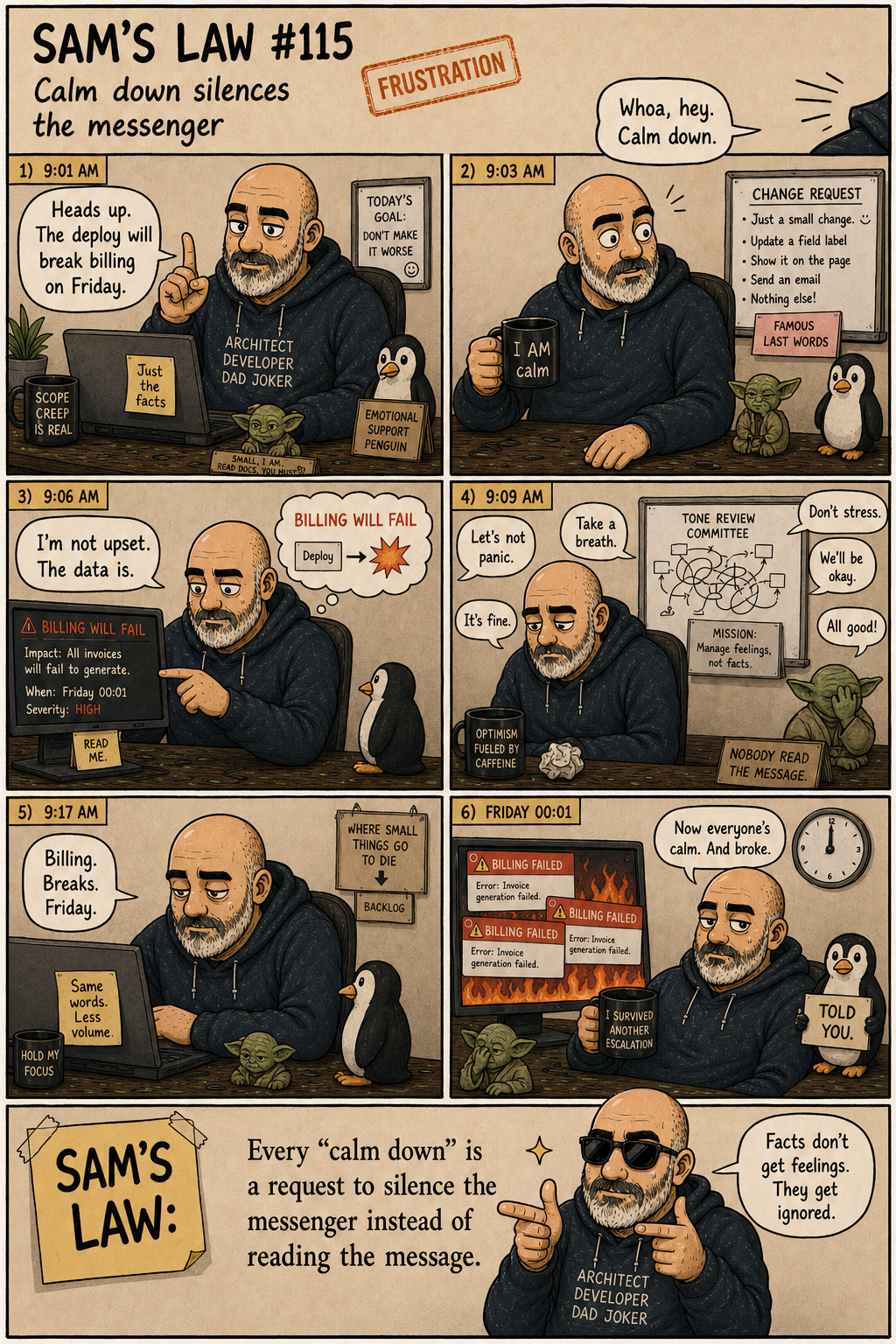 Sam's Law #115: "Calm down" silences the messenger