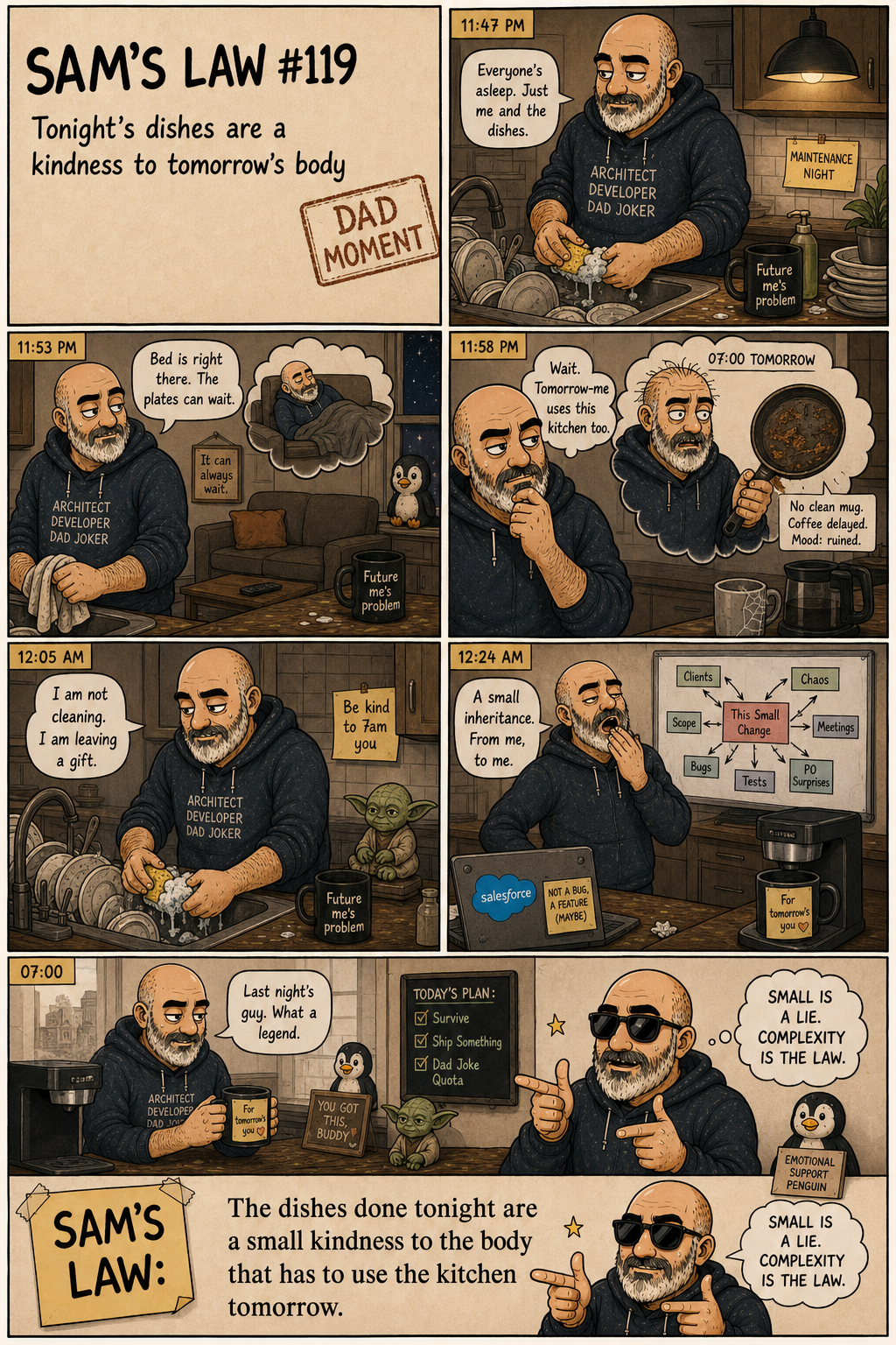 Sam's Law #119: Tonight's dishes are a kindness to tomorrow's body