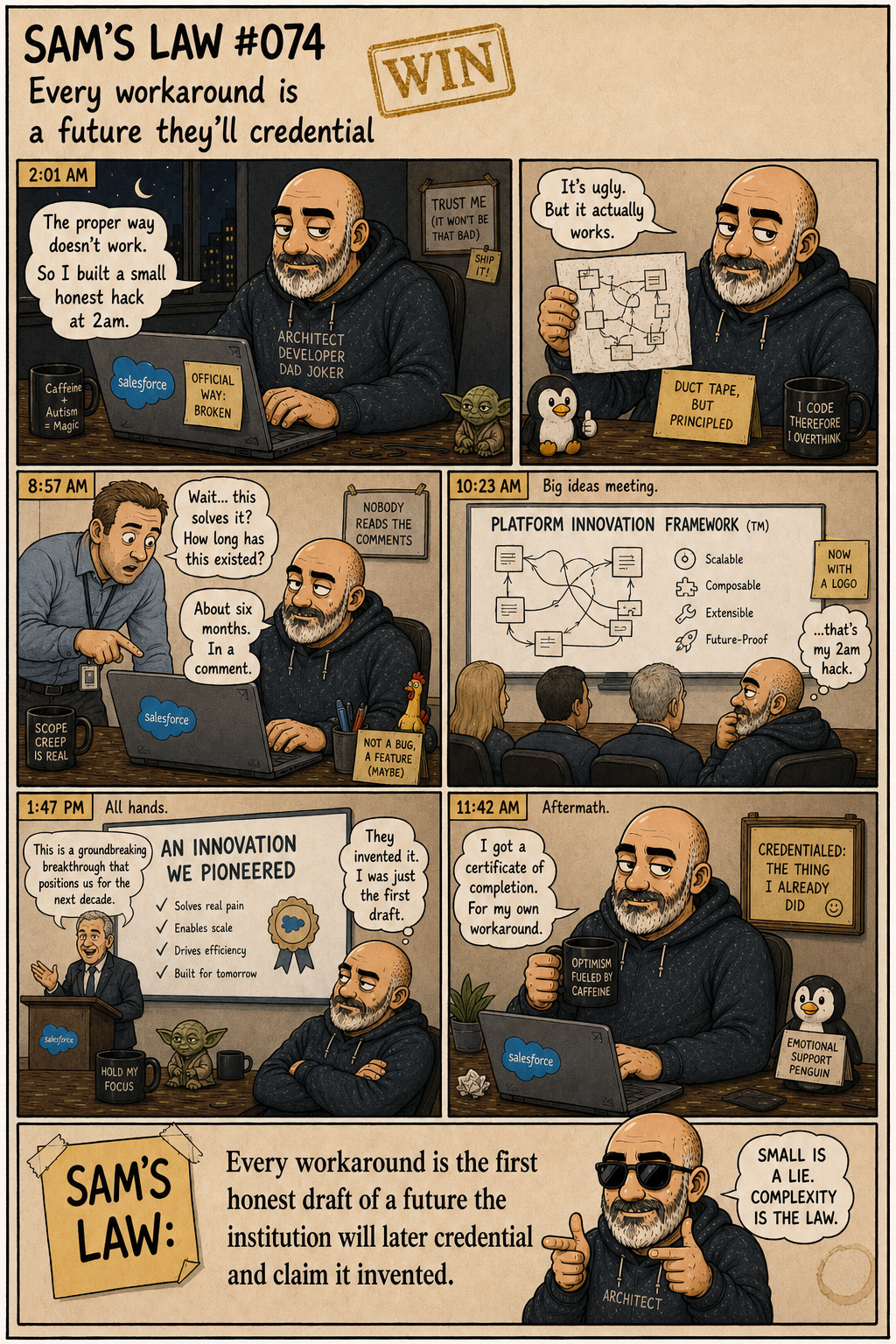 Sam's Law #074: Every workaround is a future they'll credential