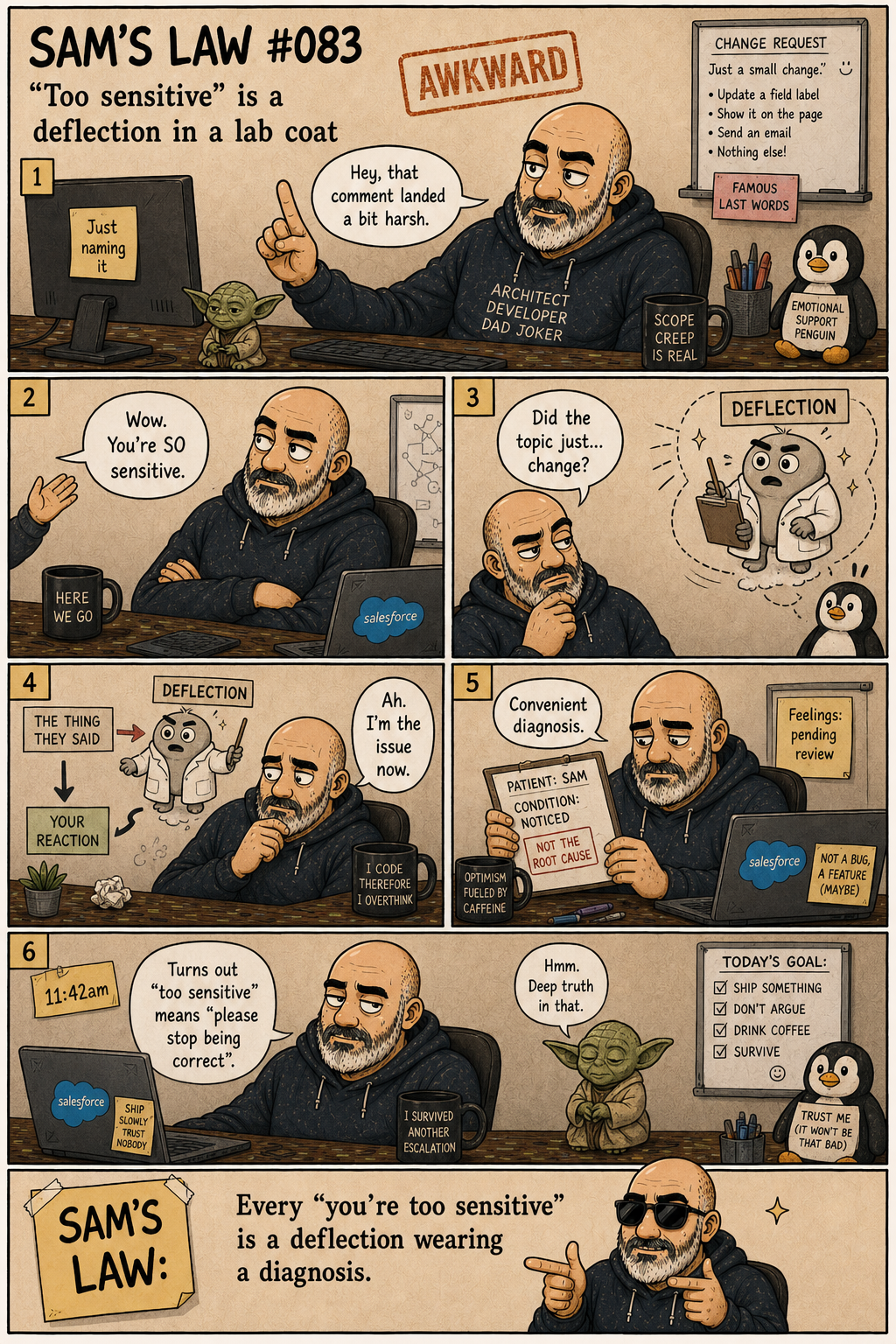 Sam's Law #083: "Too sensitive" is a deflection in a lab coat