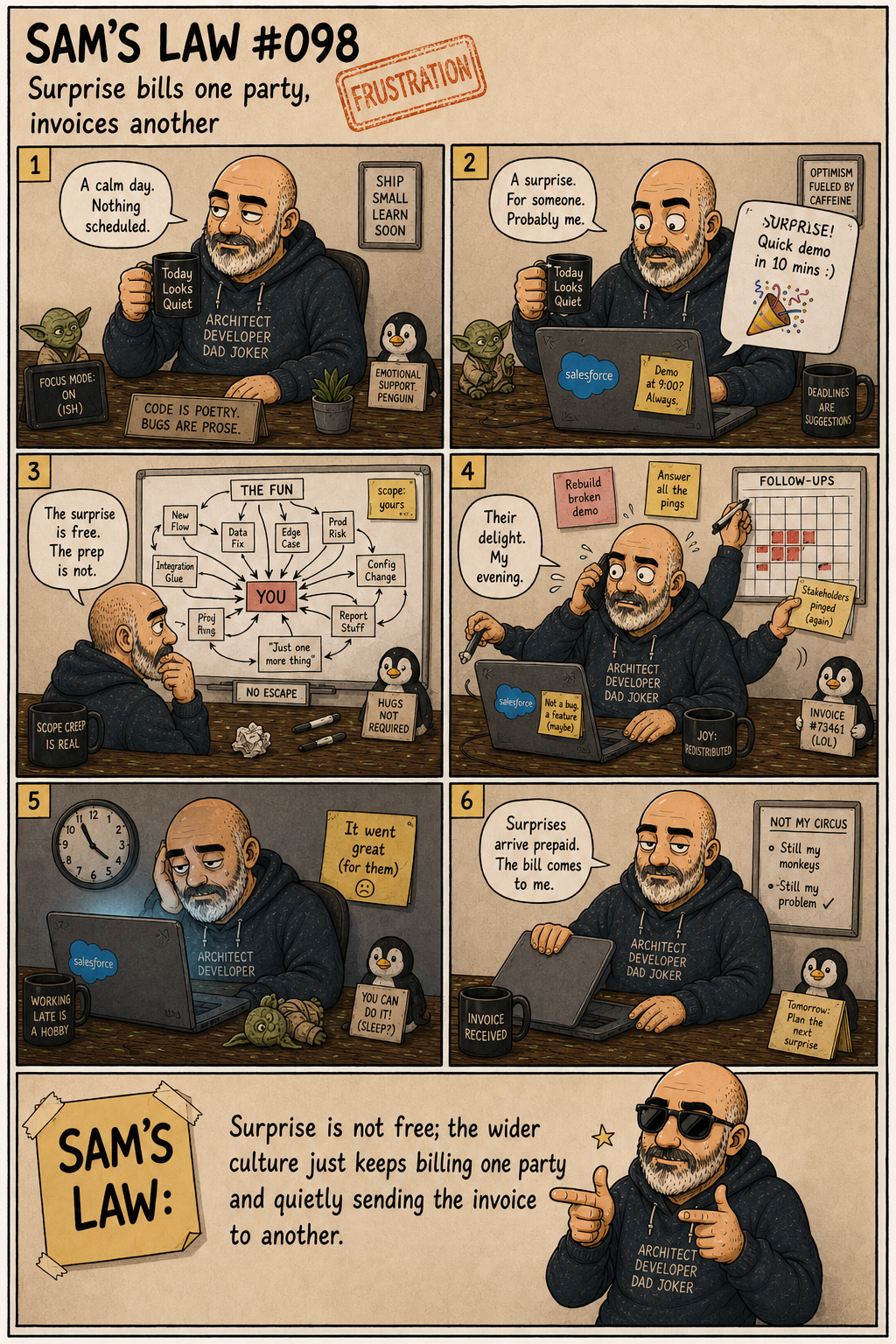 Sam's Law #098: Surprise bills one party, invoices another